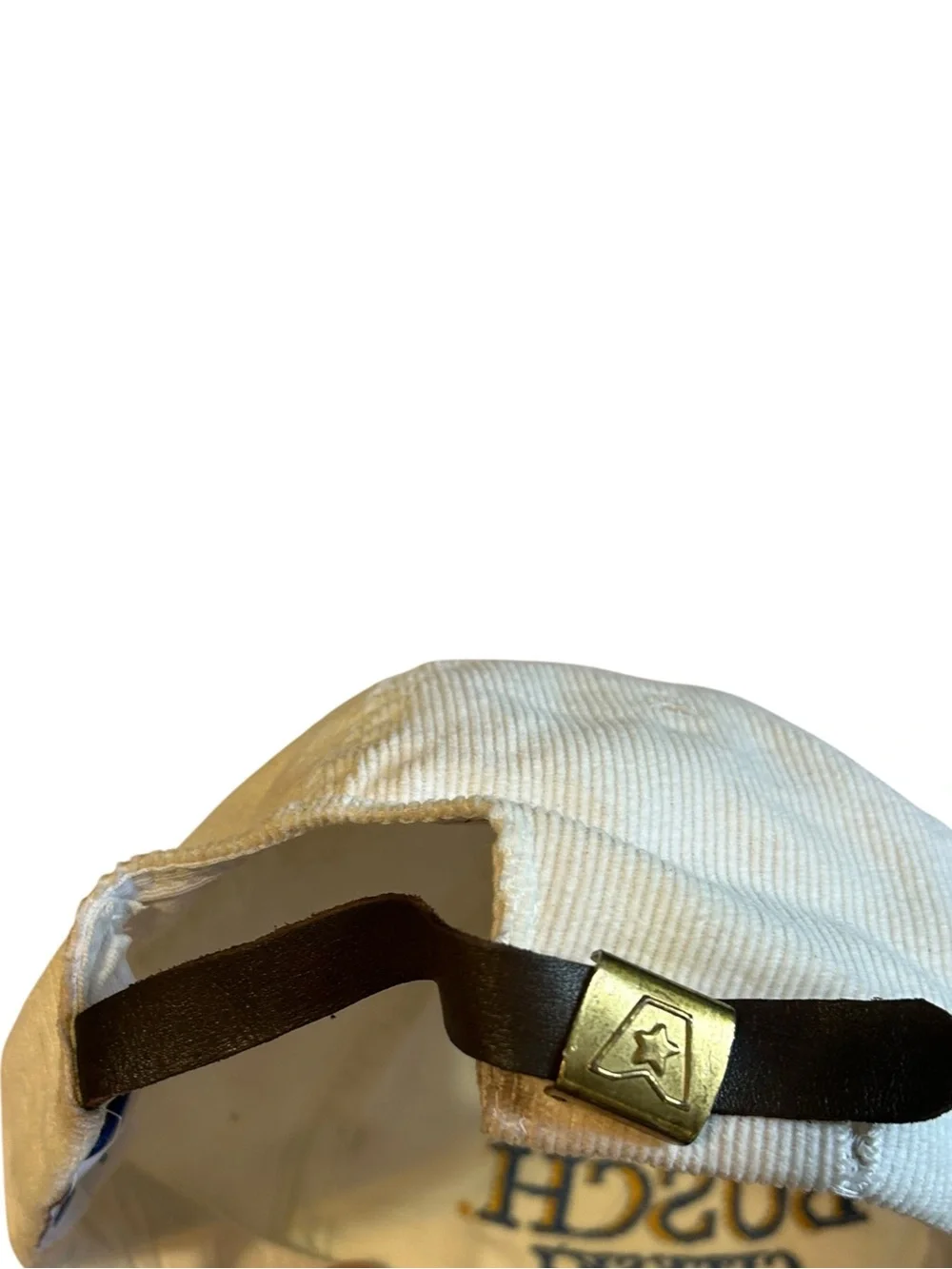 Vintage Busch Beer Hat Embroidered Leather Strapback Brass Buckle Retro